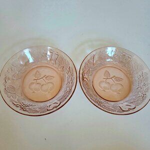 2 Vintage pink glass pressed glass fruit bowls with fruits and berries design.